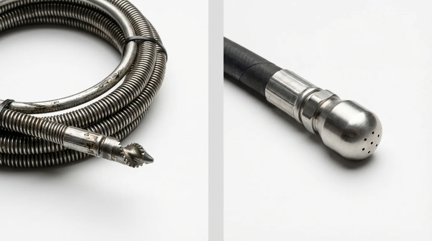 Drain snake cable and hydro jetting nozzle used for drain cleaning in Hamburg, NJ