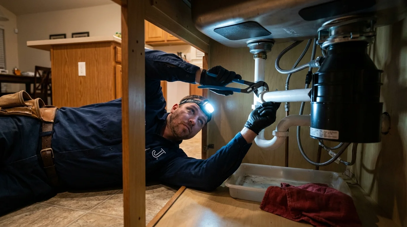 P-trap and supply line connections under a kitchen sink showing a common leak point in Hamburg, NJ